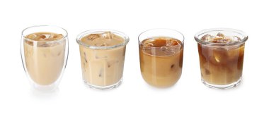 Farklı bardaklarda buzlu kahve içecekler, beyaz, set.