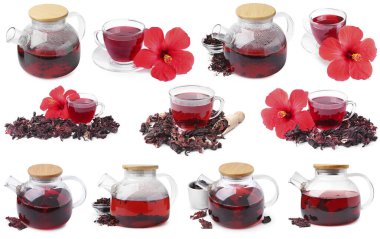 Hibiscus çayı, taze çiçekler ve kurutulmuş kalibreler beyaz sette izole edilmiş.