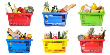 Beyaz arka planda farklı ürünler içeren alışveriş sepetleri, kolaj