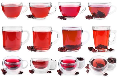 Hibiscus çayı cam bardaklarda ve kurutulmuş kalibreler beyaz, set