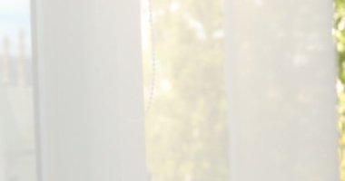 Kadın pencerenin pervazına güzel şakayıklar koyuyor, yakın plan. Kamera sağa hareket ediyor