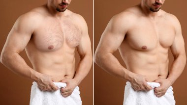 Man showing chest before and after epilation procedure on brown background, closeup. Collage of photos