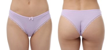 Beyaz arka planda güzel iç çamaşırlı bir kadın, yakın plan. Ön ve arka görünüm, kolaj