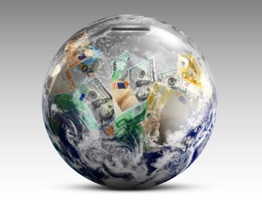 Para değişimi konsepti. Gri gradyan arkaplan üzerine banknotları olan bir kumbara gibi Dünya gezegeni