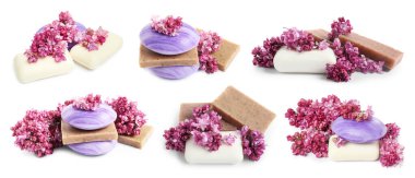 Sabun çubukları ve beyaza izole edilmiş aromatik leylak çiçekleri, kolaj