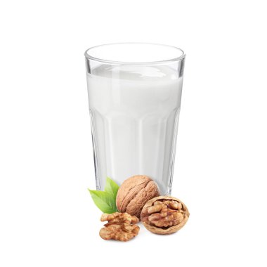 Bardakta fındık sütü ve beyazda ceviz.