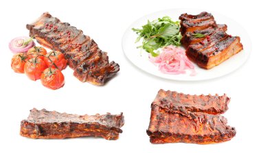 Beyaz arka planda nefis ızgara kaburgalar, kolaj.