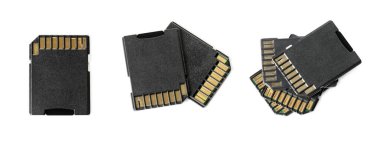 SD hafıza kartları beyaza izole edilmiş, kolaj. Üst görünüm