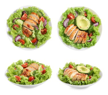 Beyaz arka planda eti olan lezzetli taze salatalar, kolaj. Üst ve yan görünüm