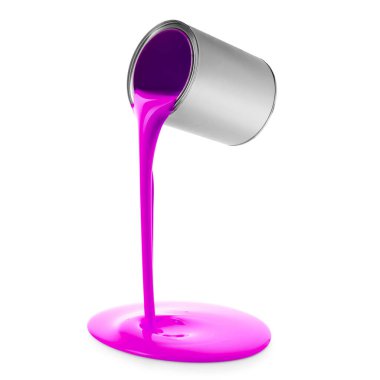 Beyaz arka planda kutudan Magenta rengi boya dökülüyor