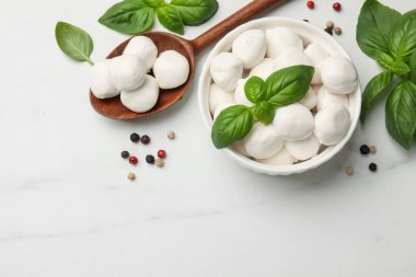 Lezzetli mozzarella peynir topları kasede, kaşıkta, fesleğende ve biberlikte beyaz mermer masada, düz yerde. Metin için boşluk