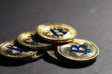 Kripto para birimi. Gri arkaplanda altın bitcoinler, yakın plan