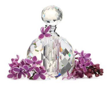 Bir şişe lüks parfüm ve beyaza ayrılmış leylak çiçekleri.