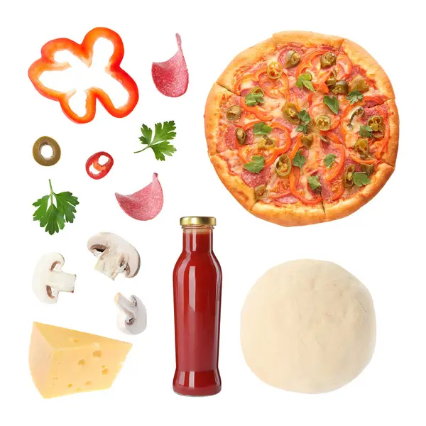 Lezzetli sıcak pizza Diablo ve beyaz kolaj üzerine izole edilmiş ham malzemeler.