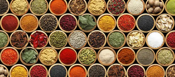 Siyah arka plandaki kaselerde farklı aromatik baharatlar seti. Pankart tasarımı