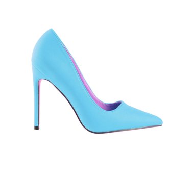 Beyaz arka planda şık bir açık mavi yüksek topuklu ayakkabı.