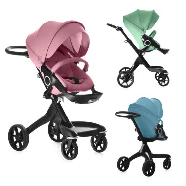 Bebek arabası. Farklı renklerde modern bebek arabaları beyaz, farklı taraflarda izole edilmiş.