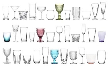 Beyaz arka planda farklı boş bardaklar, kolaj