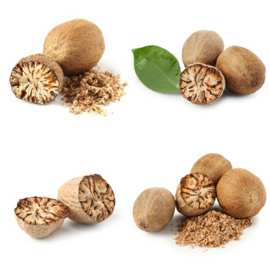 Nutmeg tohumları beyaz arkaplanda, hazır. Aromatik baharat