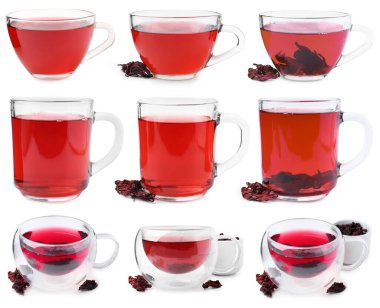 Hibiscus çayı cam bardaklarda ve kurutulmuş kalibreler beyaz, set