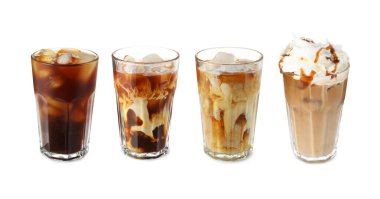 Farklı bardaklarda buzlu kahve içecekler, beyaz, set.