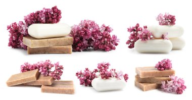Sabun çubukları ve beyaza izole edilmiş aromatik leylak çiçekleri, kolaj