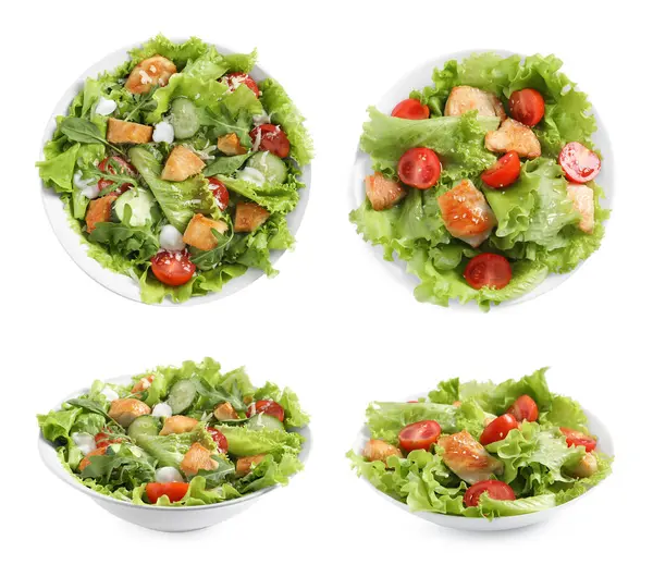 Beyaz arka planda eti olan lezzetli taze salatalar, kolaj. Üst ve yan görünüm