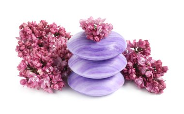 Sabun çubukları ve leylak çiçekleri izole edilmiş beyaz