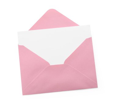 Boş davetiye kartı ve zarf beyaza izole edilmiş, üst manzara. Tasarım için boşluk