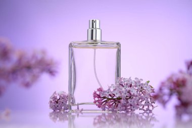 Bir şişe parfüm ve ayna yüzeyinde eflatun rengine karşı leylak çiçekleri, seçici odak