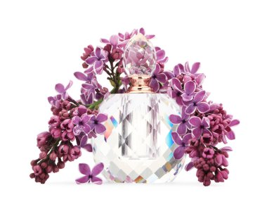 Bir şişe lüks parfüm ve beyaza ayrılmış leylak çiçekleri.