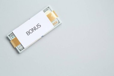 Dolar banknotları ve üzerinde açık gri arka planda kelime bonusu olan kart, üst görünüm. Metin için boşluk