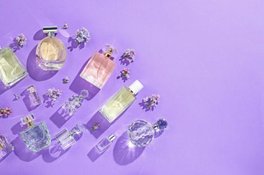 Düz kompozisyon, parfüm şişeleri ve mor arka planda leylak çiçekleri vardı. Metin için boşluk