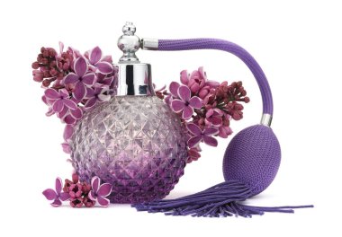 Bir şişe lüks parfüm ve beyaza ayrılmış leylak çiçekleri.