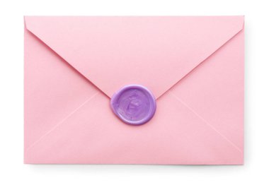 Üzerinde balmumu mühür olan güzel bir davetiye zarfı beyaz, üst görünüm