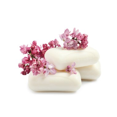 Sabun çubukları ve leylak çiçekleri izole edilmiş beyaz