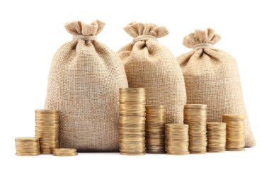 Çuvallar ve istiflenmiş paralar beyaz üzerine izole edilmiş