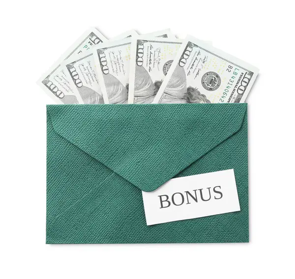 Zarfın içinde Bonus ve dolar banknotları beyaz, üst görünümde izole