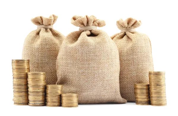 Çuvallar ve istiflenmiş paralar beyaz üzerine izole edilmiş
