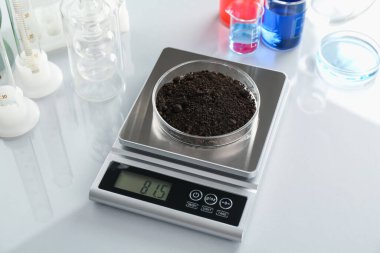 Beyaz ayna masasındaki Petri kabı ve diğer laboratuvar camlarıyla ölçeklendir, yakın plan.