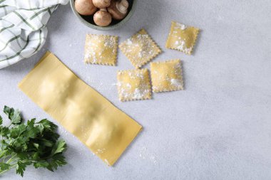 Pişmemiş ravioli, mantar ve maydanoz. Metin için boşluk