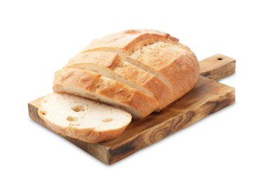 Bir somun ekmek ve ahşap tahta beyaz üzerinde izole.