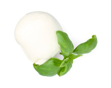 Lezzetli mozzarella peyniri ve fesleğen beyaza izole edilmiş.