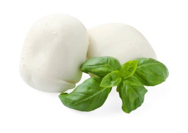 Lezzetli mozzarella peyniri ve fesleğen beyaz üzerine izole edilmiş.
