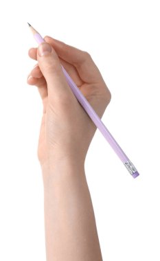 Beyaz arka planda grafit kalemi olan kadın, yakın plan