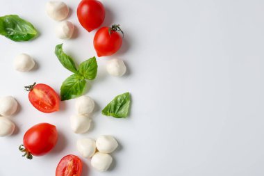 Beyaz arka planda lezzetli mozarella topları, domates ve fesleğen. Metin için boşluk