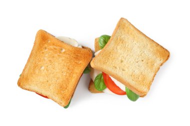 Beyaz arka planda mozarella peynirli, domatesli ve fesleğenli lezzetli sandviçler.