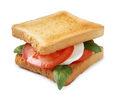 Beyaz arka planda mozarella peynirli, domatesli ve fesleğenli lezzetli sandviç.