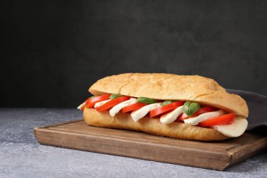 Mozarella peynirli, domatesli ve fesleğenli lezzetli sandviç. Gri desenli masa, koyu arkaplanlı, yakın plan.