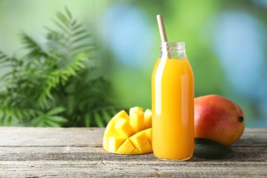 Cam şişedeki lezzetli mango suyu ve ahşap masadaki taze meyveler bulanık arka planda, mesaj için yer var.